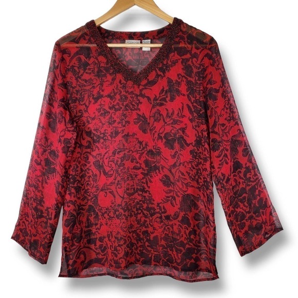 Chico's Embellished 100% Silk Baka Tunic Blouse Red Black Size 0 / Small - Picture 1 of 10